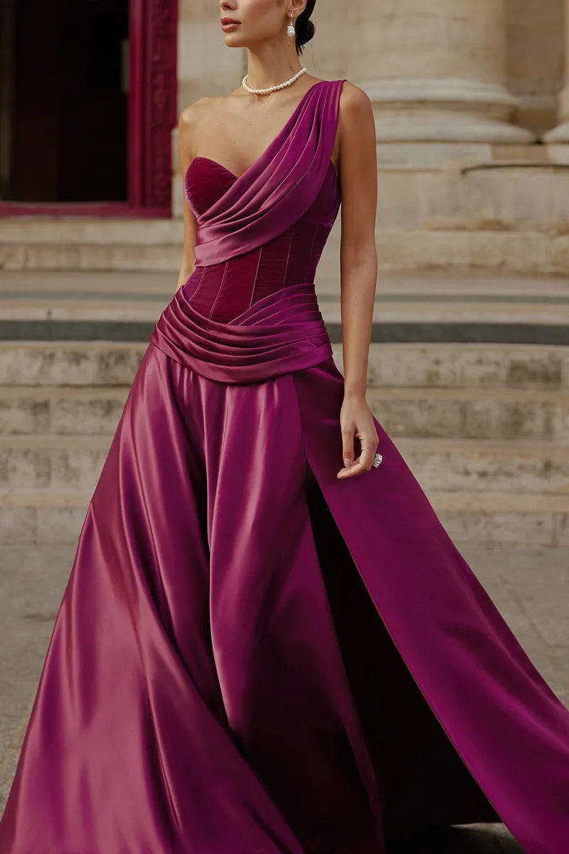 Robe Weitese élégante asymétrique sans manches, corset plissé, fente haute, robe de soirée formelle, robe longue en satin, robe de bal violette